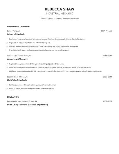 Industrial Mechanic Resume