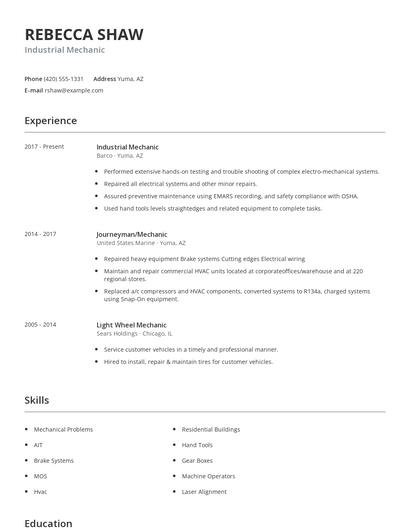 Industrial Mechanic Resume