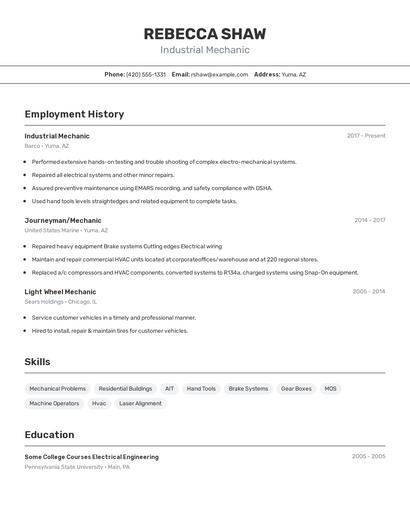 Industrial Mechanic Resume