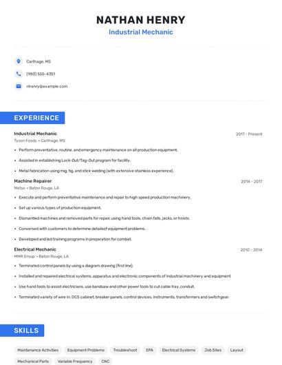 Industrial Mechanic Resume