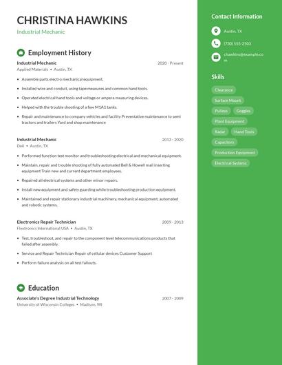 Industrial Mechanic Resume