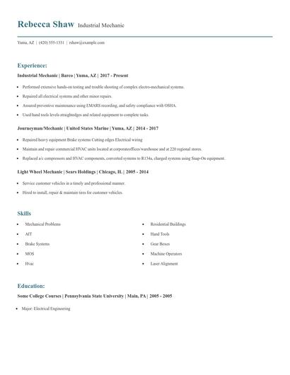 Industrial Mechanic Resume