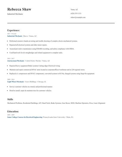 Industrial Mechanic Resume