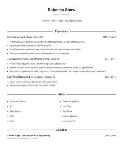 Industrial Mechanic Resume