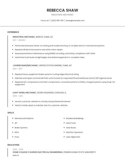 Industrial Mechanic Resume