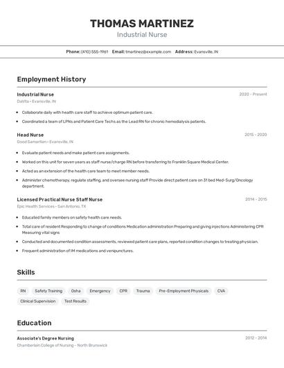 Industrial Nurse Resume