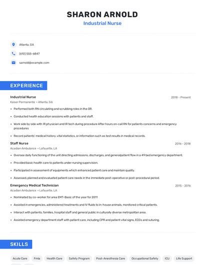 Industrial Nurse Resume