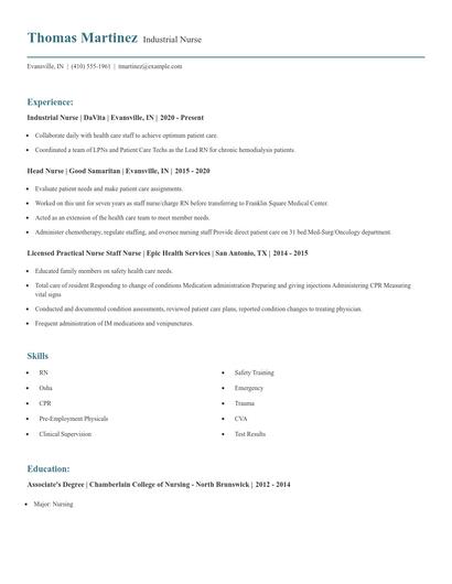 Industrial Nurse Resume