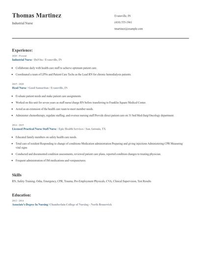 Industrial Nurse Resume
