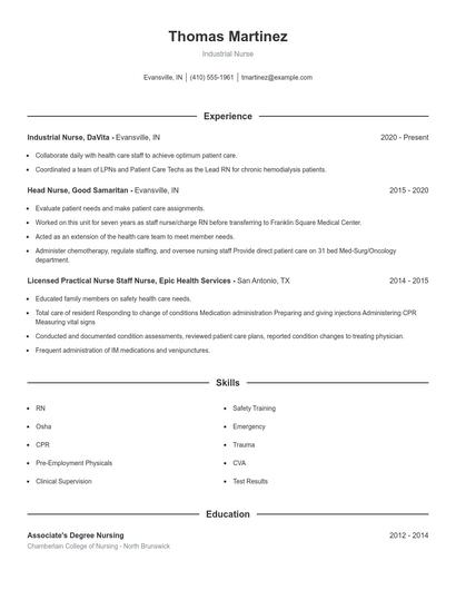 Industrial Nurse Resume