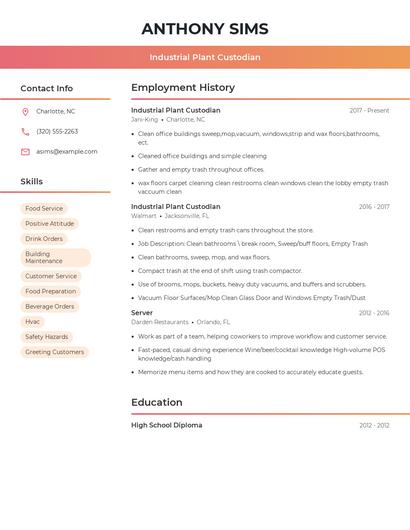 Industrial Plant Custodian Resume