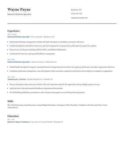 Industrial Relations Specialist Resume