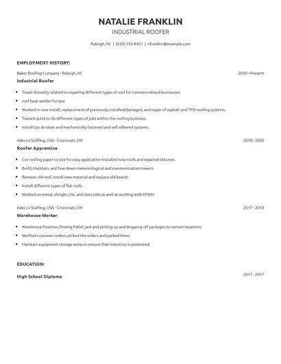 Industrial Roofer Resume
