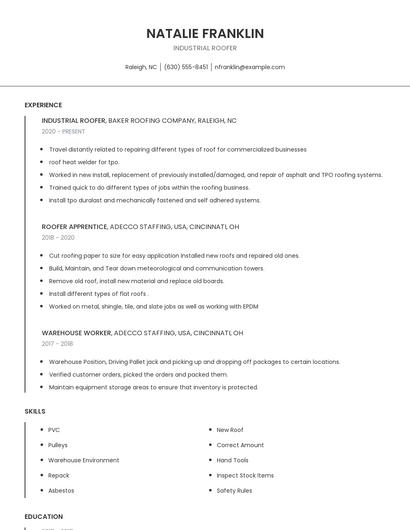 Industrial Roofer Resume