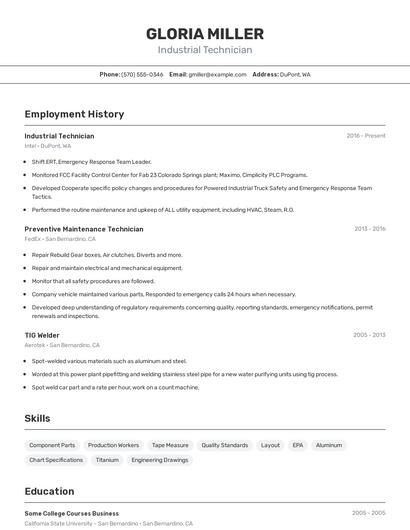 Industrial Technician Resume