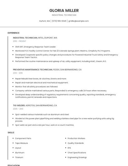 Industrial Technician Resume