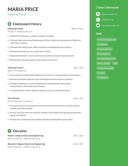 Industrial Trainer Resume