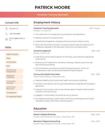 Industrial Training Specialist Resume
