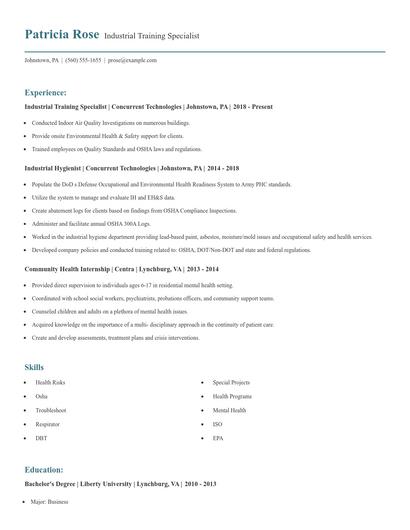 Industrial Training Specialist Resume