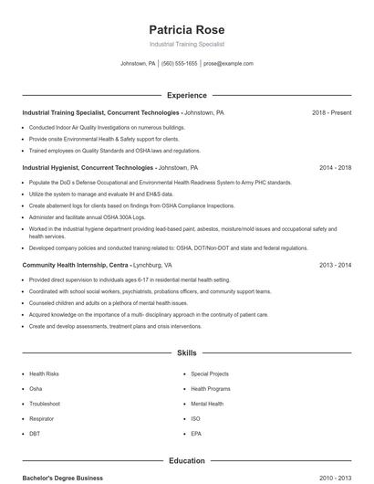 Industrial Training Specialist Resume