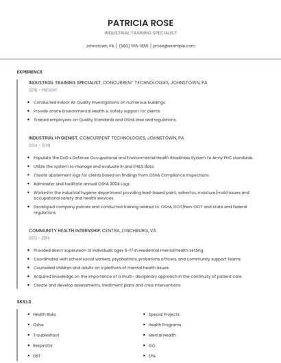Industrial Training Specialist Resume