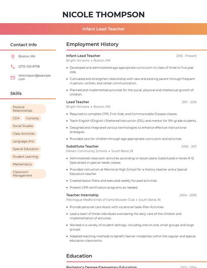 Infant Lead Teacher Resume