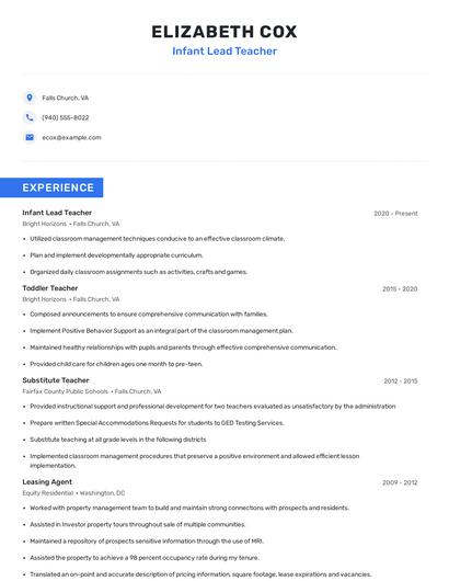 Infant Lead Teacher Resume