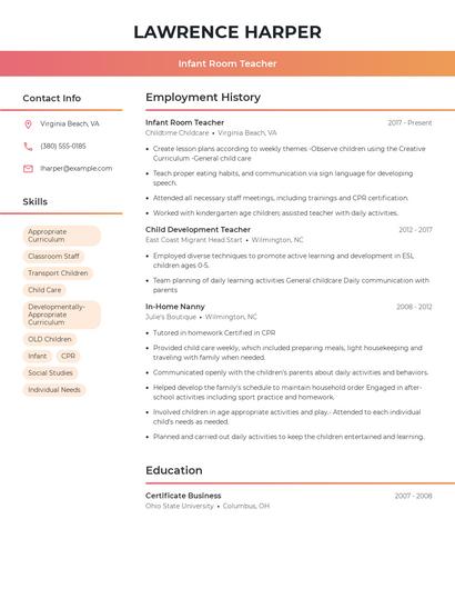 Infant Room Teacher Resume