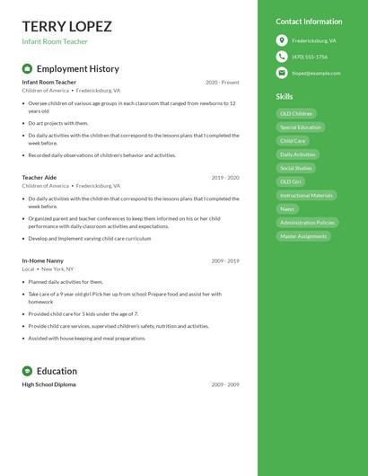 Infant Room Teacher Resume