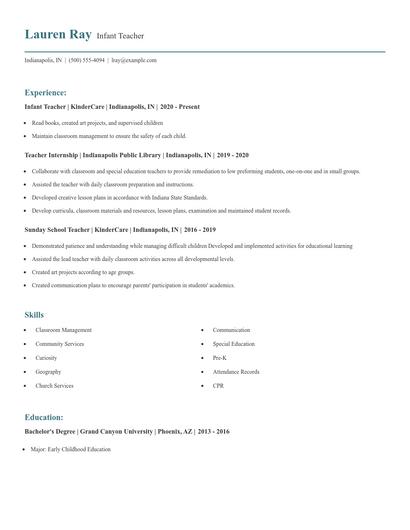 Infant Teacher Resume