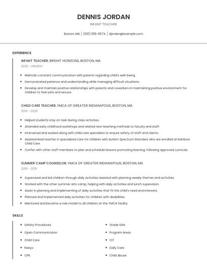 Infant Teacher Resume