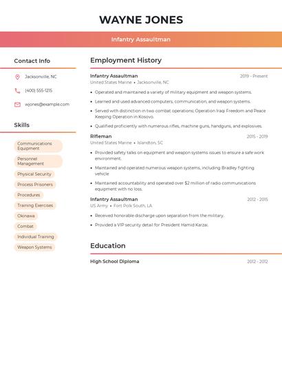 Infantry Assaultman Resume