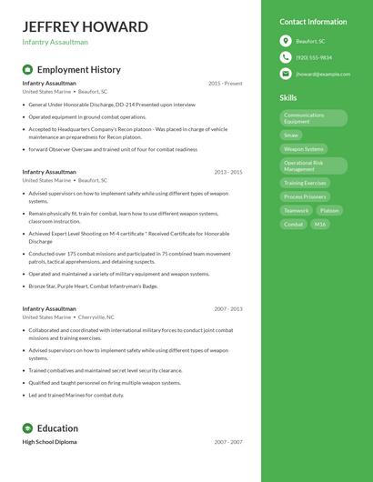 Infantry Assaultman Resume