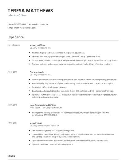 Infantry Officer Resume