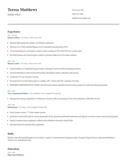 Infantry Officer Resume
