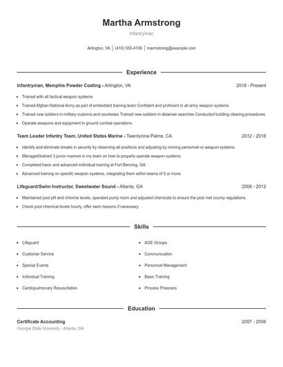 Infantryman Resume