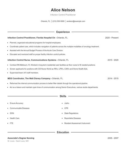 Infection Control Practitioner Resume