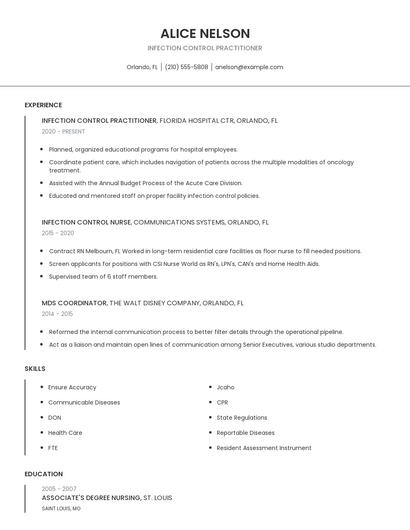 Infection Control Practitioner Resume