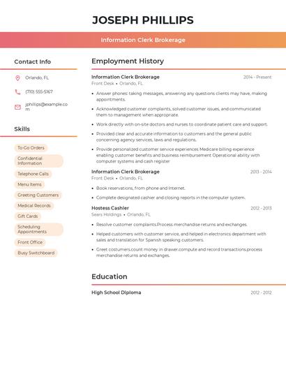 Information Clerk Brokerage Resume