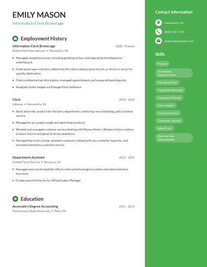 Information Clerk Brokerage Resume