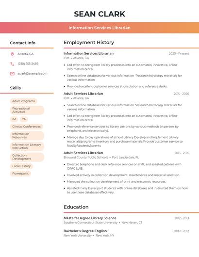 Information Services Librarian Resume