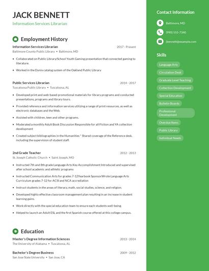 Information Services Librarian Resume