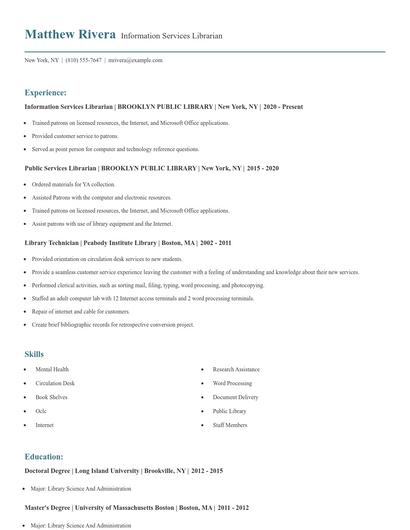 Information Services Librarian Resume