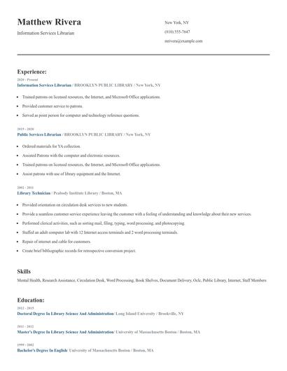 Information Services Librarian Resume