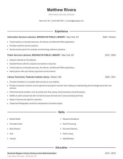 Information Services Librarian Resume