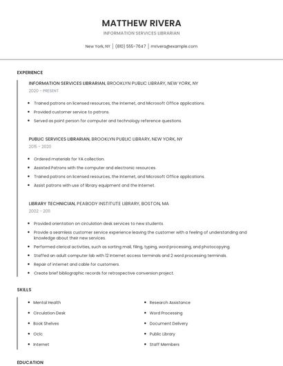 Information Services Librarian Resume