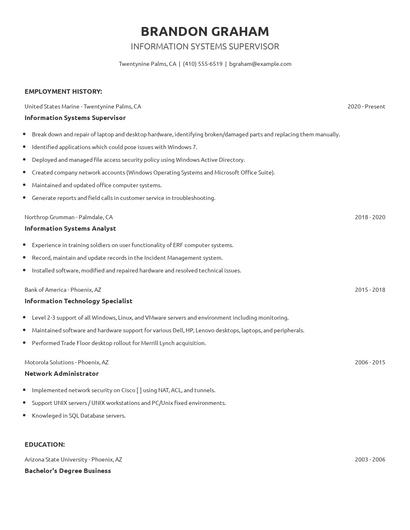 Information Systems Supervisor Resume