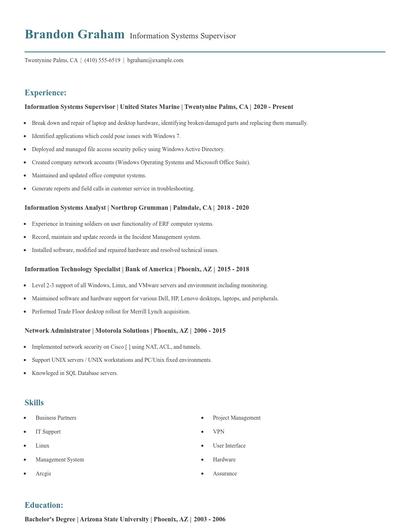 Information Systems Supervisor Resume