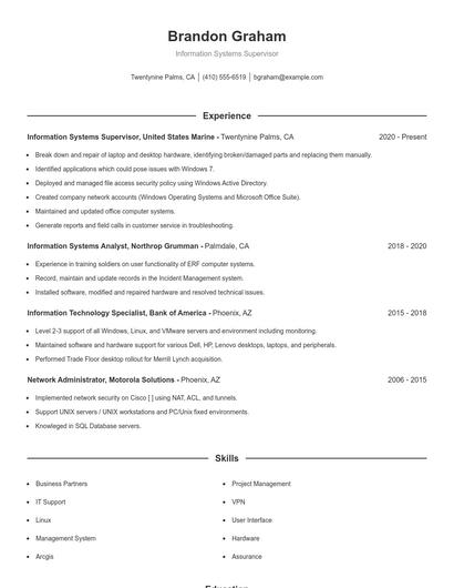 Information Systems Supervisor Resume