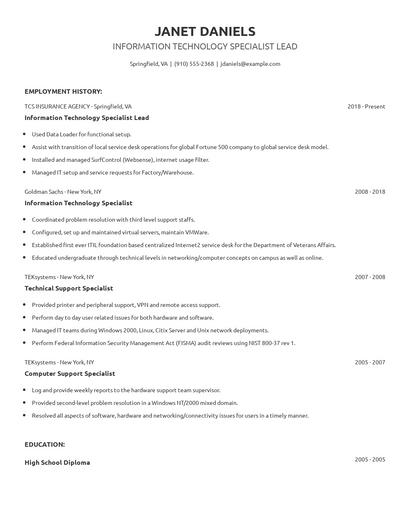 Information Technology Specialist Lead Resume